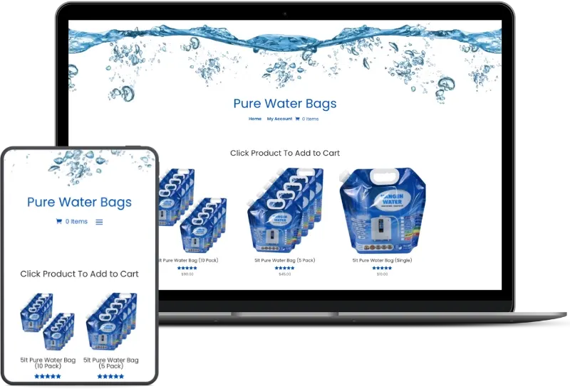 Pure Water Bags online store shown on desktop and mobile