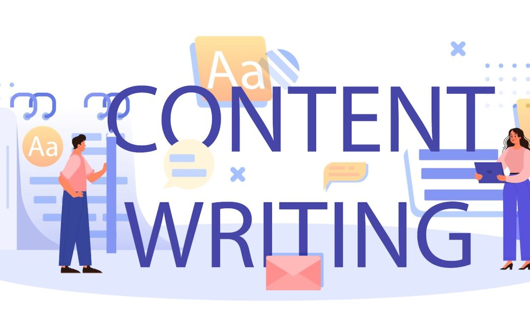 Content writing typographic header. Professional speaker or journalist write a speech for a public announcement. Copywriter creating text for media. Flat vector illustration