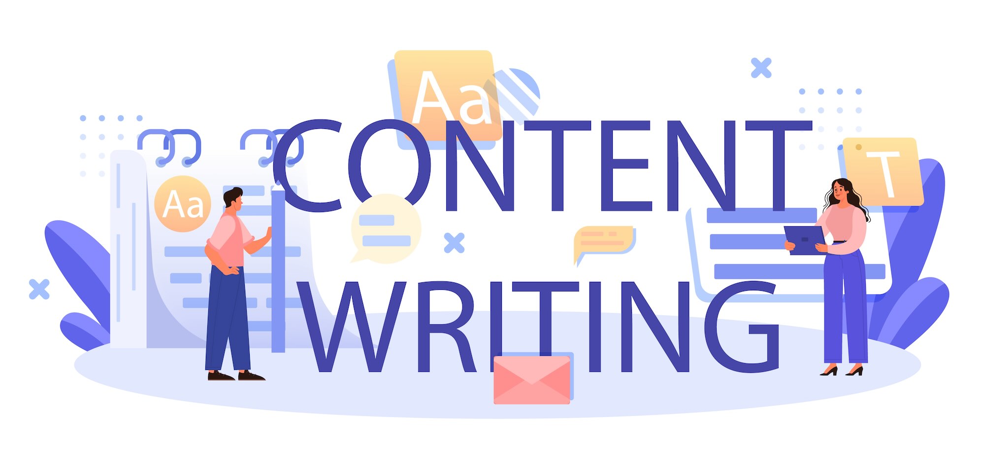 Content writing typographic header. Professional speaker or journalist write a speech for a public announcement. Copywriter creating text for media. Flat vector illustration