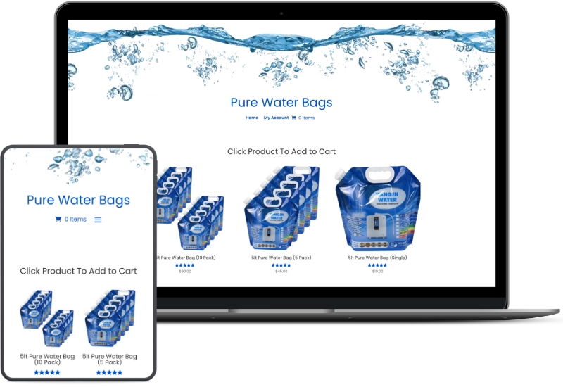 Pure Water Bags web image Pure Water Bags website mockup