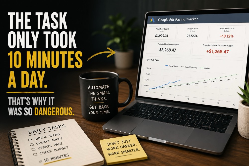 Automated Google Ads pacing tracker updating campaign spend and budget reporting without manual data entry